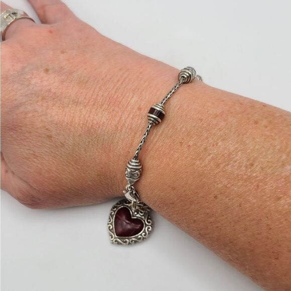 Brighton bracelet, burgundy leather heart charm, silvertone - Picture 2 of 6